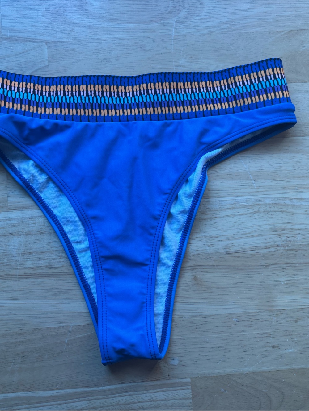 Blue Swim Bikini Bottom with Multicolor Woven Waistband